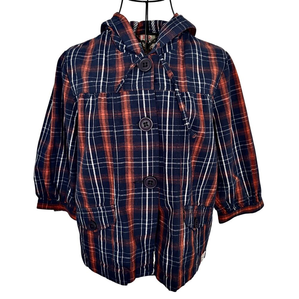 Vintage Y2K ROXY Plaid 3/4 Sleeve Hooded Jacket Blouse Retro Boxy21 Indie Cotton